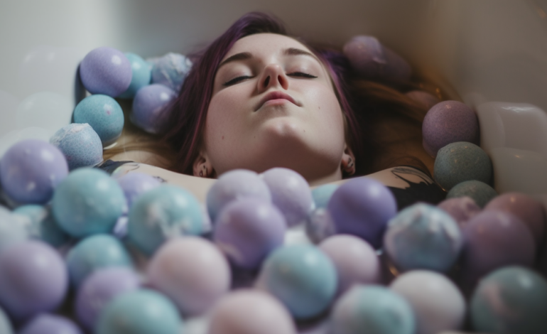 A person's hands holding a colorful bath bomb, dropping it into a tub full of water. The water is fizzing and creating bubbles as the bath bomb dissolves.