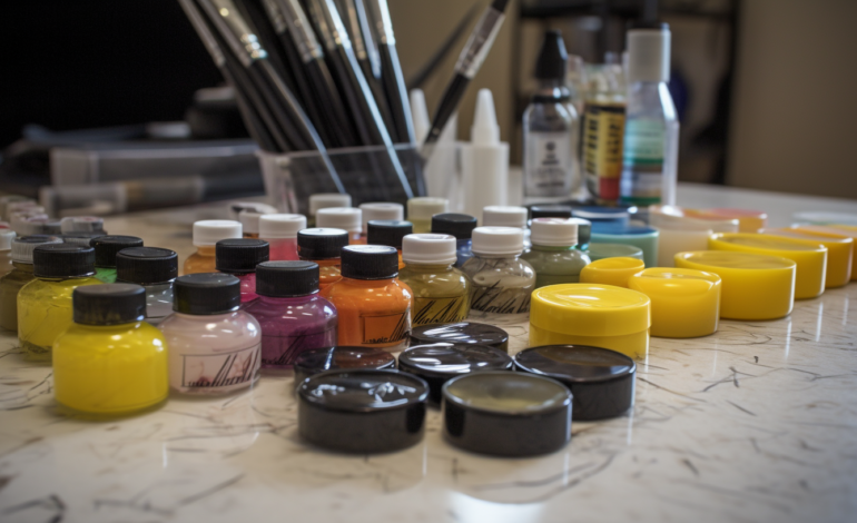 A person's hands holding a nail file and a bottle of nail polish on a table with towels and other manicure tools nearby.