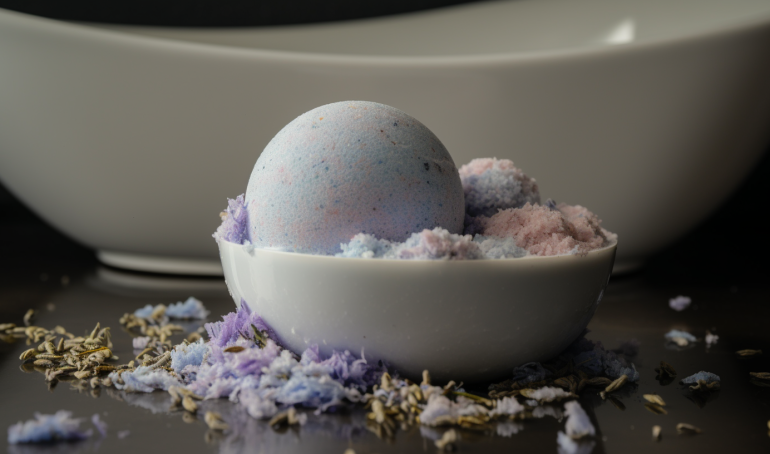 A photo showing a variety of different bath bombs in different colors and shapes, with bubbles in the background. The alt text could be: "A colorful assortment of bath bombs, each with a unique scent and purpose, sitting in a jar. Choosing the right amount can help create the perfect relaxing bath experience."