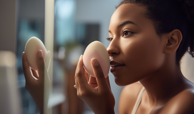 A hand holding a pink egg-shaped sponge, commonly known as a beauty blender, being used to apply makeup on a person's face.