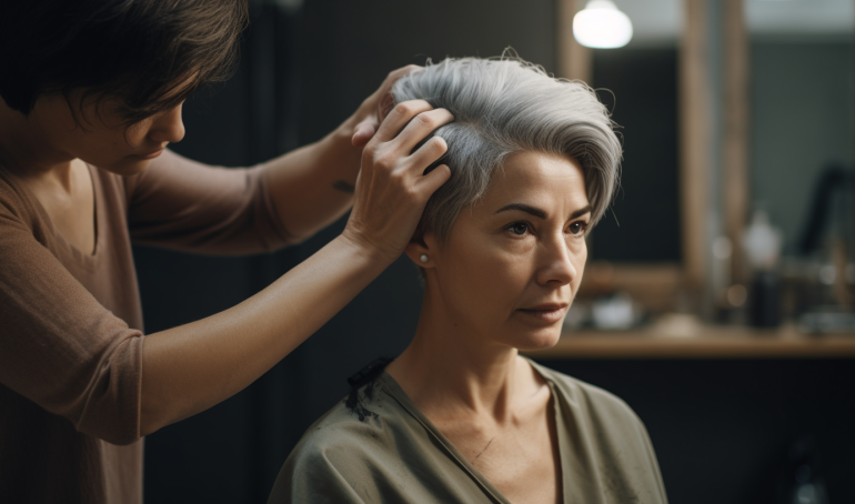 An image representing a person undergoing a scalp examination by a dermatologist, with magnifying equipment and a bright light being used to examine hair follicles for signs of hair loss.