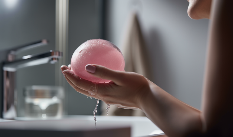 A hand holding a pink beauty blender under running water while gently squeezing it.