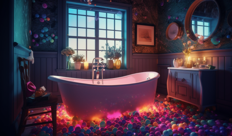 A colorful bath bomb fizzing in a bathtub surrounded by bubbles and steam.