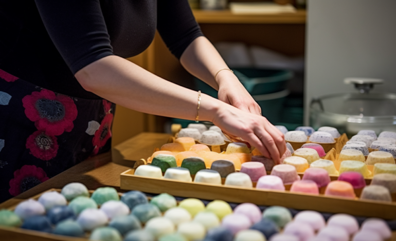 A photo showing a woman's hands holding a mixing bowl filled with a mixture of dry ingredients used to make bath bombs. Surrounding the bowl are additional ingredients, including essential oils and food coloring.