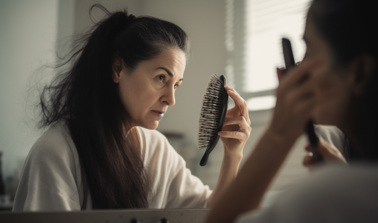 An image of a person holding a clump of hair with a worried expression on their face, representing the potential connection between stress and hair loss.