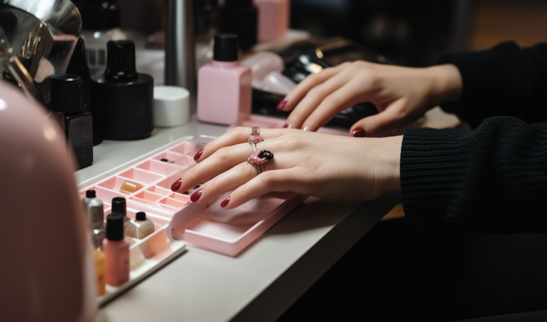 A person's hand with a shiny and glossy manicure, likely a shellac manicure, with perfectly shaped and polished nails.