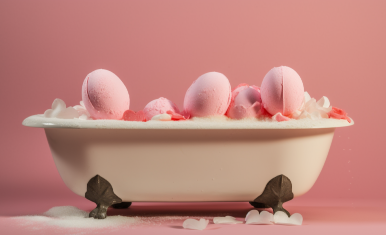 A photo of colorful bath bombs placed on a white background with ingredients like baking soda, citric acid, essential oils, and food coloring in the background.