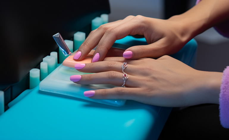 A close-up photo of a hand with shiny, pink nails that have been freshly painted with gel polish.